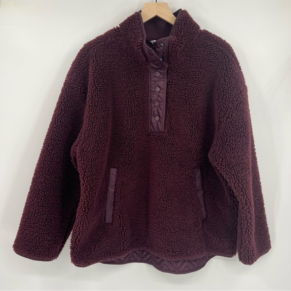 Athleta Cozy Sherpa Snap Sweatshirt XL Pullover Fuzzy Warm Oversized Burgundy - Picture 1 of 6